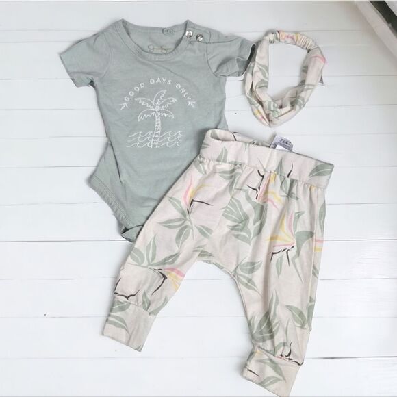 Jessica Simpson Baby Girl 3pc Green Pants Set Onesie Bodysuit Headband Playwear - Picture 1 of 9